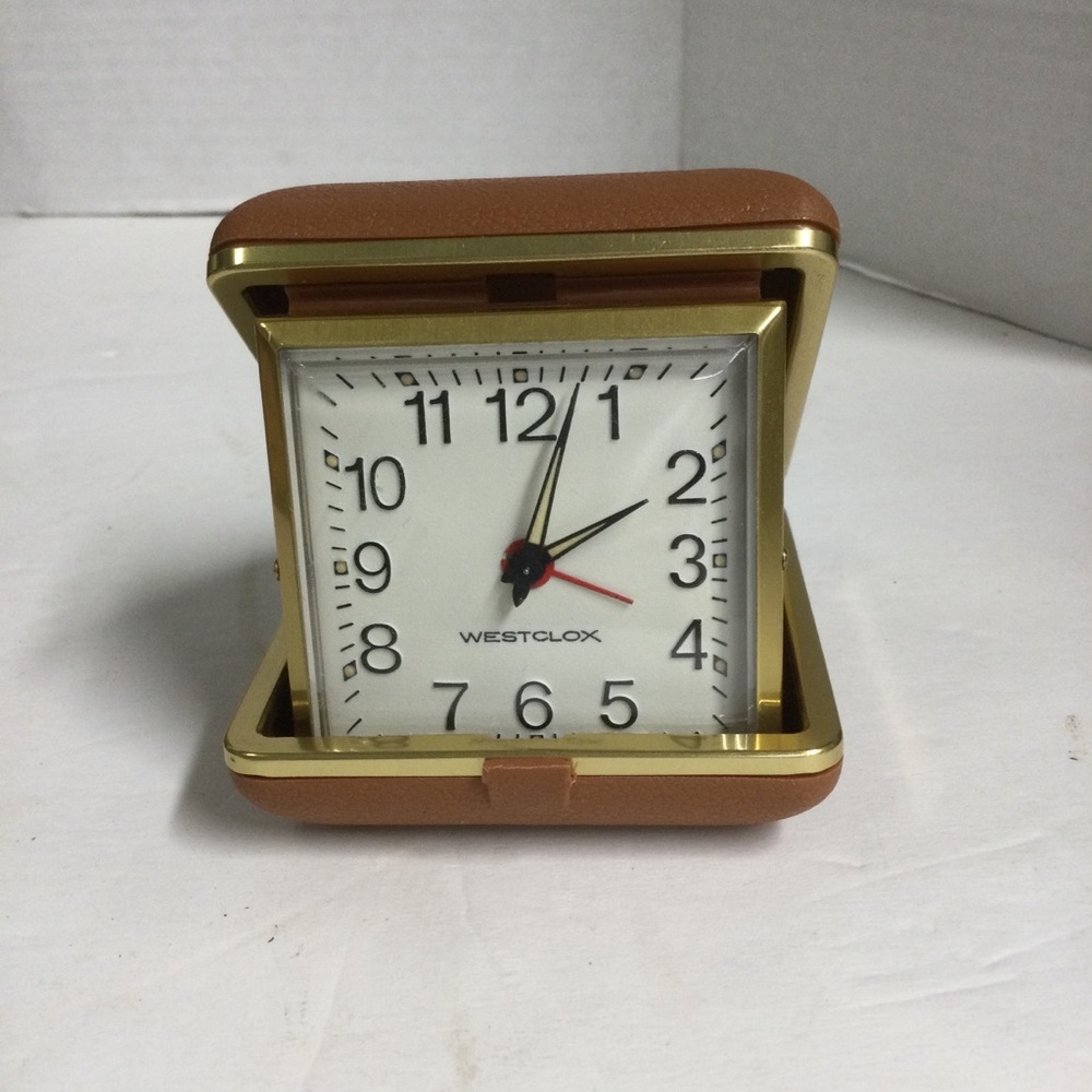Westclox Travel Alarm clock Gold with Tan Case Vintage Clock
